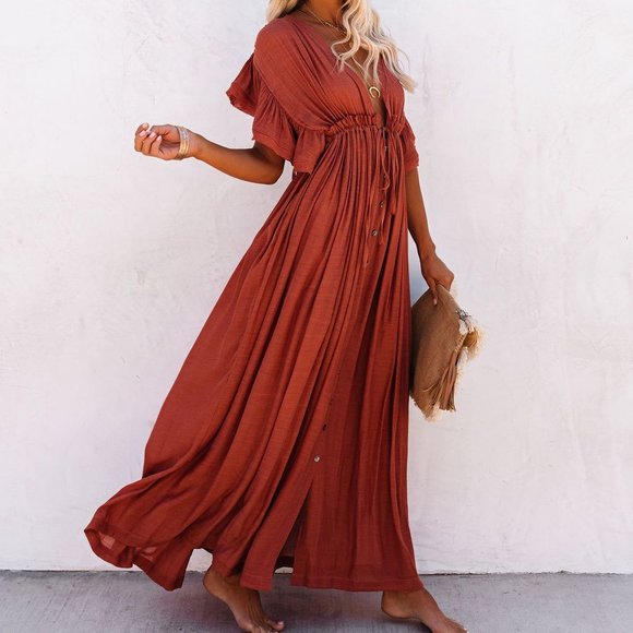 New Boho Red Gauze Maxi Summer Dress Cover Up - Picture 4 of 10